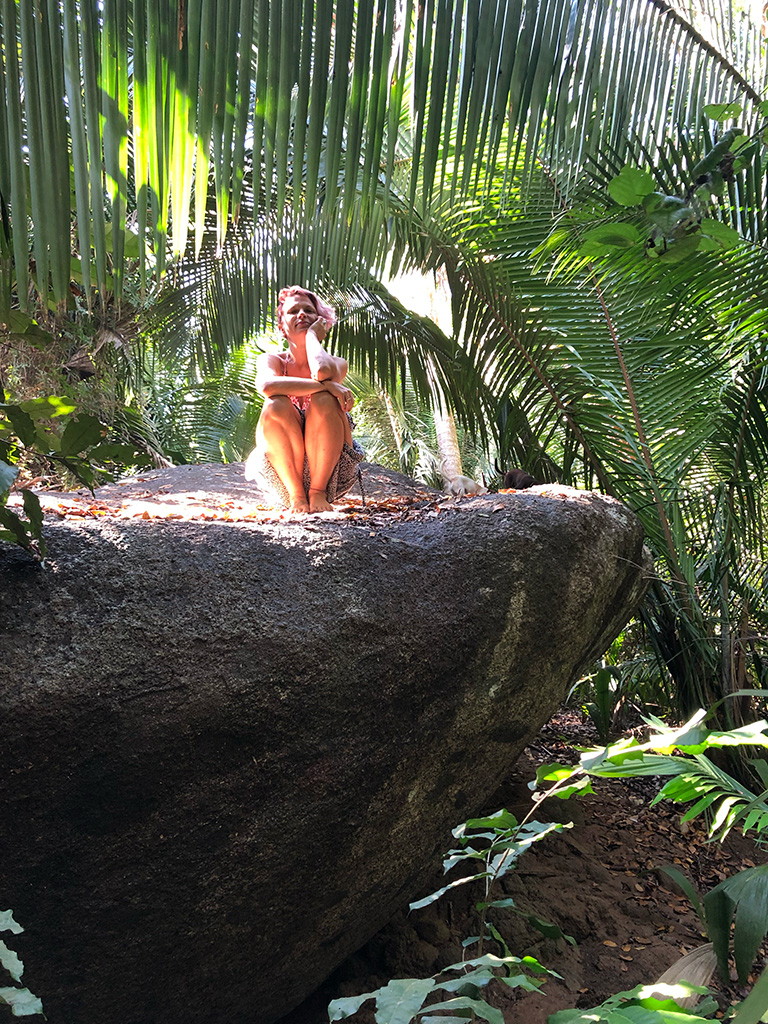 Candie sitting on a large rock in the forest with the sun lighting up the side of her body